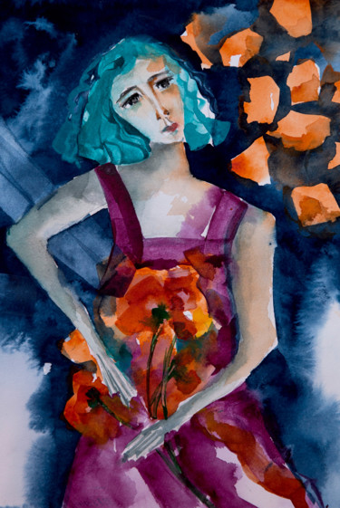 Peinture intitulée "Femme blues 18" par Véronique Piaser-Moyen, Œuvre d'art originale, Aquarelle