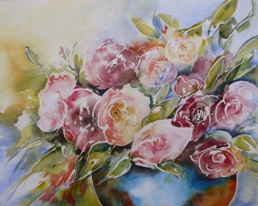 Pintura intitulada "Fragilité des roses" por Véronique Piaser-Moyen, Obras de arte originais, Aquarela