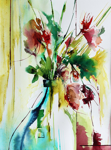 Painting titled "Verre fleuri" by Véronique Piaser-Moyen, Original Artwork, Watercolor