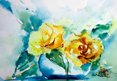 Painting titled "Deux roses jaunes" by Véronique Piaser-Moyen, Original Artwork, Watercolor