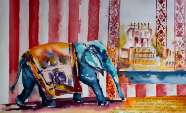 Peinture intitulée "Eléphant à Kumbakon…" par Véronique Piaser-Moyen, Œuvre d'art originale, Aquarelle