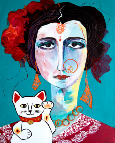 La danseuse de Bharatanatyam au maneki-neko. Peinture intitulée "La danseuse de Bhar…" par Véronique Piaser-Moyen, Œuvre d'art originale, Acrylique Monté sur Châssis en…