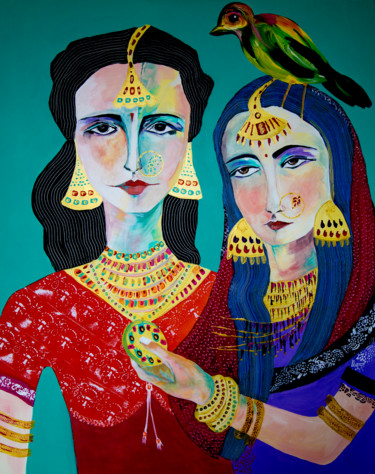 L'oiseau de paradis aux danseuses. Peinture intitulée "L'oiseau de paradis…" par Véronique Piaser-Moyen, Œuvre d'art originale, Acrylique Monté sur Châssis en…