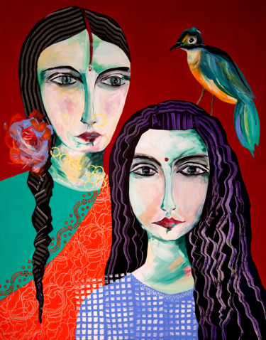 Painting titled "Bird's family 02" by Véronique Piaser-Moyen, Original Artwork, Acrylic Mounted on Wood Stretcher frame
