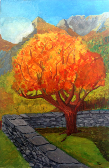 Painting titled "Automne-alpin." by Pibou, Original Artwork, Gouache Mounted on Wood Stretcher frame