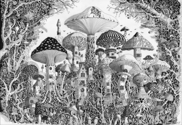 Drawing titled "Champignons" by Pic Art, Original Artwork, Ink