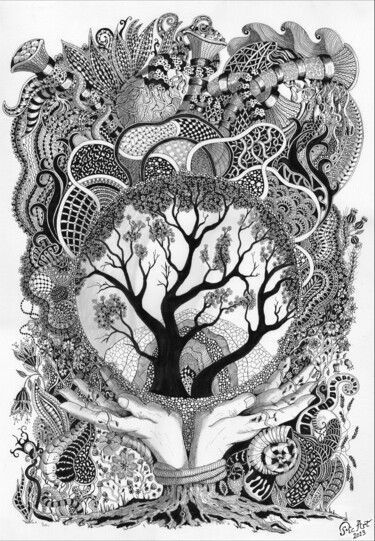 Drawing titled "L'Arbre de vie" by Pic Art, Original Artwork, Ink