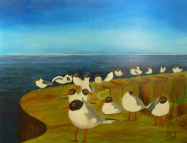 Painting titled "Les mouettes du bor…" by Pich, Original Artwork, Oil Mounted on Wood Stretcher frame