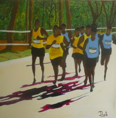 Painting titled "Les marathoniens de…" by Pich, Original Artwork, Acrylic Mounted on Wood Stretcher frame