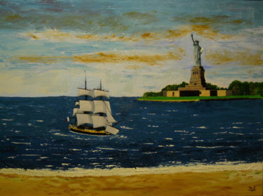 Painting titled "L'Hermione croisant…" by Pich, Original Artwork, Acrylic Mounted on Wood Stretcher frame