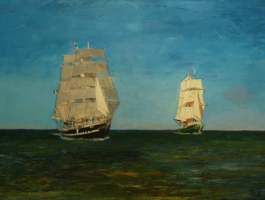 Painting titled "Le Belem et l'Asgar…" by Pich, Original Artwork, Oil Mounted on Wood Stretcher frame