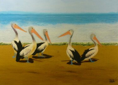 Painting titled "Groupe de pélicans…" by Pich, Original Artwork, Acrylic Mounted on Wood Stretcher frame