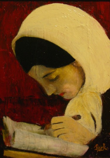 Painting titled "Petite fille afghane" by Pich, Original Artwork, Oil Mounted on Wood Stretcher frame