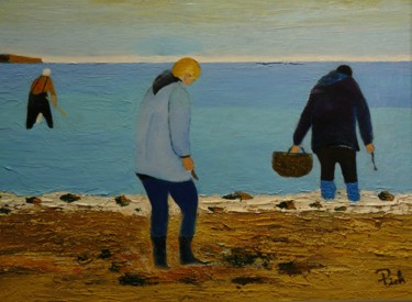 Painting titled "Les pêcheuses à pied" by Pich, Original Artwork, Oil Mounted on Wood Stretcher frame
