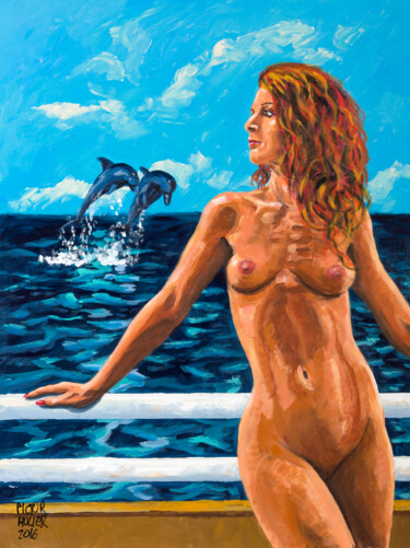Malarstwo zatytułowany „Dolphins jumping to…” autorstwa Pictor Mulier, Oryginalna praca, Akryl