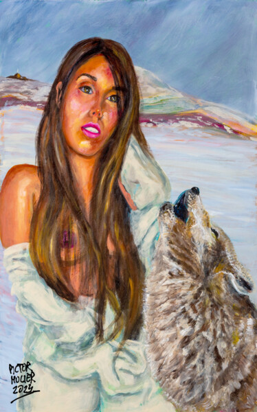 Painting titled "Leina y su lobo" by Pictor Mulier, Original Artwork, Acrylic