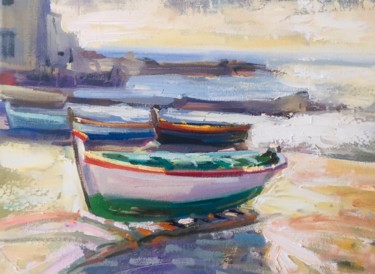 Ζωγραφική με τίτλο "Лодки. Сицилия." από Павел Тяпугин, Αυθεντικά έργα τέχνης, Λάδι Τοποθετήθηκε στο Ξύλινο φορείο σκελετό