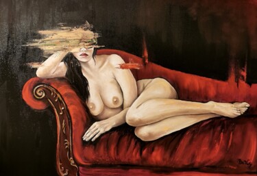 Pintura intitulada "Nudo sul divano" por Pier Bertig, Obras de arte originais, Óleo Montado em Armação em madeira