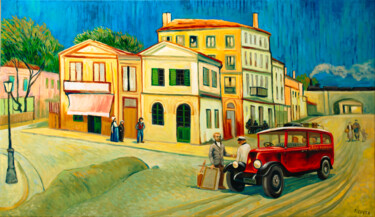 Painting titled "Arrivo di Van Gogh…" by Piero Costa, Original Artwork, Oil Mounted on Wood Stretcher frame