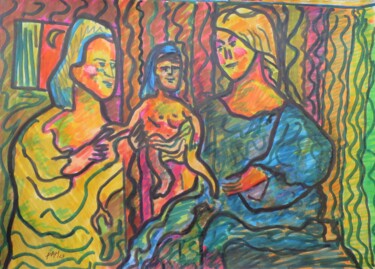Pittura intitolato "Femmes à l'enfant" da Pierre-Alain Mathieu, Opera d'arte originale, Pennarello