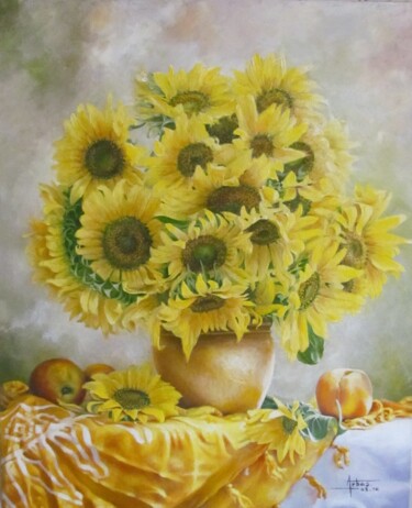 Painting titled "«TOURNESOLS»" by Pierre Arbassette, Original Artwork, Oil Mounted on Wood Stretcher frame