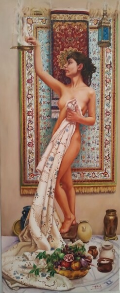 Painting titled "«FEMME, TAPIS, FRUI…" by Pierre Arbassette, Original Artwork, Oil Mounted on Wood Stretcher frame