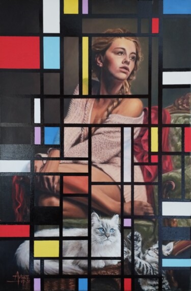 Painting titled ""MONDRIAN'S' DREAMS"" by Pierre Arbassette, Original Artwork, Oil Mounted on Wood Stretcher frame