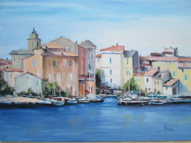 Painting titled "«LE PETIT PORT»" by Pierre Arbassette, Original Artwork, Oil Mounted on Wood Stretcher frame