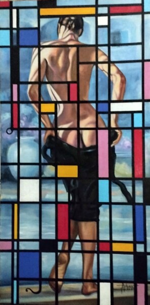 Painting titled ""at the pool, tribu…" by Pierre Arbassette, Original Artwork, Oil Mounted on Wood Stretcher frame