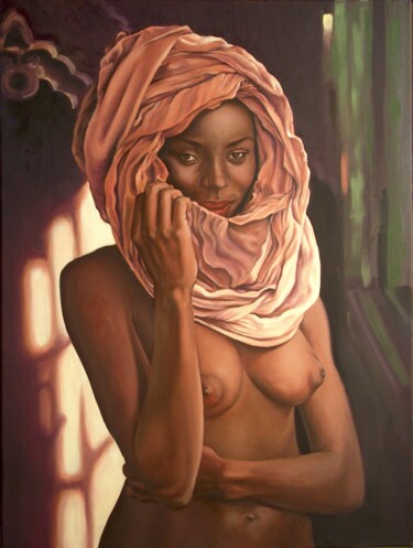 Painting titled "Africaine..." by Pierre Arbassette, Original Artwork, Oil Mounted on Wood Stretcher frame