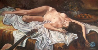 Peinture intitulée "Nu à la guitare..." par Pierre Arbassette, Œuvre d'art originale, Huile