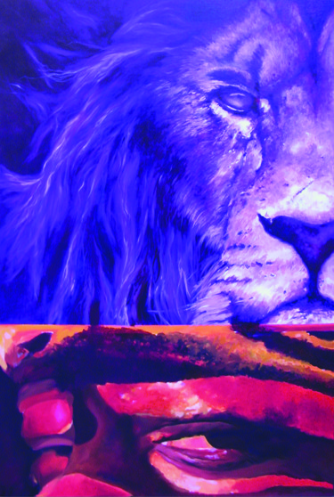 Peinture intitulée "Lion bleu" par Pierre Asencio, Œuvre d'art originale, Huile Monté sur Châssis en bois