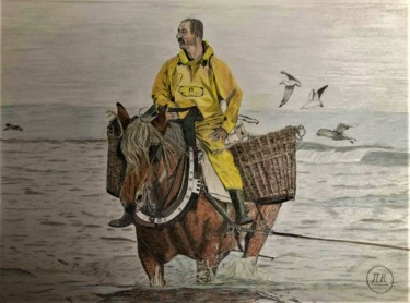 Dessin intitulée "Pêche aux crevettes…" par Pierre Bayet, Œuvre d'art originale, Crayon