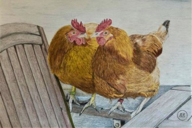 Dessin intitulée "Poules au jardin" par Pierre Bayet, Œuvre d'art originale, Crayon