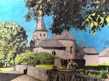 Drawing titled "L'église Sainte-Wal…" by Pierre Bayet, Original Artwork, Pencil