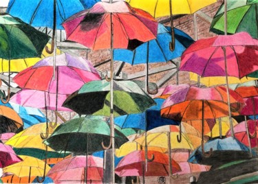 Dessin intitulée "Parasols de toutes…" par Pierre Bayet, Œuvre d'art originale, Crayon