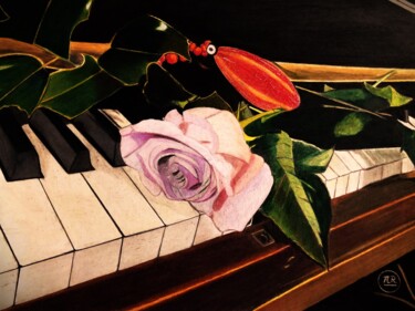 Tekening getiteld "Rose sur piano à la…" door Pierre Bayet, Origineel Kunstwerk, Potlood