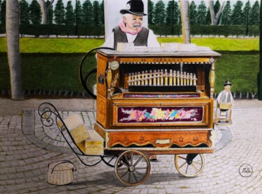 Tekening getiteld "Orgue de Barbarie" door Pierre Bayet, Origineel Kunstwerk, Potlood