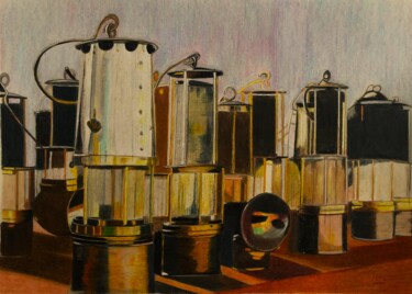 Dessin intitulée "Lampes de mineurs" par Pierre Bayet, Œuvre d'art originale, Crayon