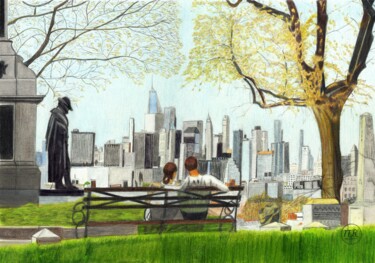 Dessin intitulée "Brooklyn bench" par Pierre Bayet, Œuvre d'art originale, Crayon