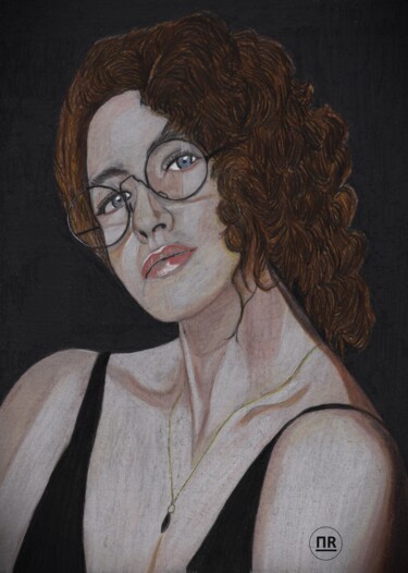 Drawing titled "Femme à lunettes" by Pierre Bayet, Original Artwork, Pencil