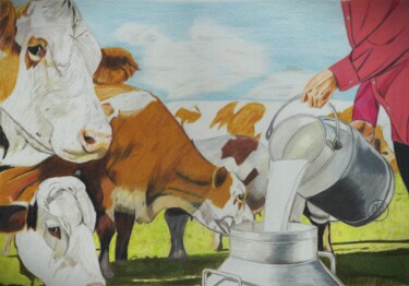 Disegno intitolato "Récolte de lait" da Pierre Bayet, Opera d'arte originale, Matita