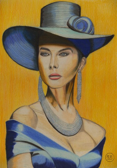 Dessin intitulée "La dame en bleu" par Pierre Bayet, Œuvre d'art originale, Crayon