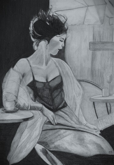 Dessin intitulée "Dame en terrasse" par Pierre Bayet, Œuvre d'art originale, Crayon