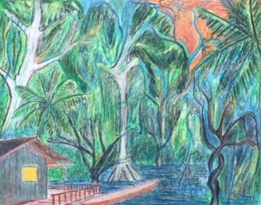 Dessin intitulée "Un soir en Amazonie…" par Pierre Carret, Œuvre d'art originale, Pastel