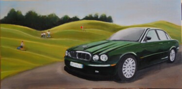 Painting titled "jaguar XK8 au golf" by Pierre Giafferi (cesar luciano), Original Artwork, Oil