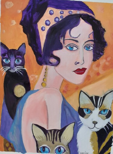 Painting titled "les chats" by Pierre Isaac Gozlan, Original Artwork, Oil Mounted on Wood Stretcher frame