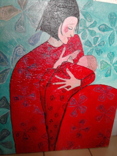 Peinture intitulée "maternite-rouge.jpg" par Pierre Isaac Gozlan, Œuvre d'art originale
