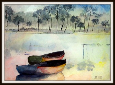 Peinture intitulée "Barques à l'aube" par Pierre Jactat, Œuvre d'art originale, Gouache