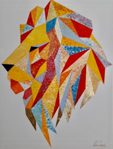 Painting titled "Mosaic Lion II" by Pierre Joseph, Original Artwork, Oil Mounted on Wood Stretcher frame